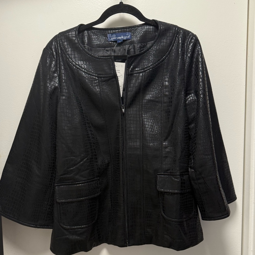 Susan Graver Black Croc-Textured Leather Jacket